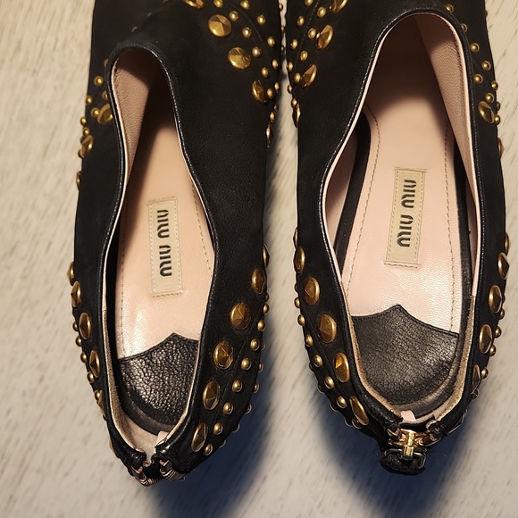 Miu Miu peeptoe platform heels. Black leather with gold studs. Preloved. - Picture 2 of 6
